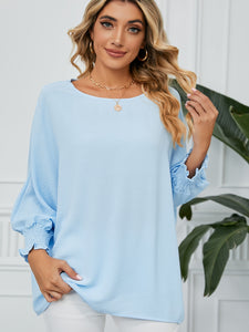 Smocked Lantern Sleeve Round Neck Blouse (multiple color options)