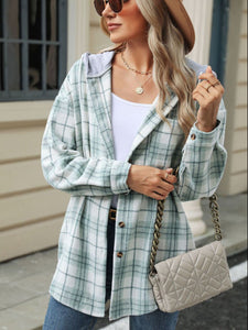 Drawstring Plaid Button Up Hooded Jacket (multiple color options)