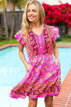 Load image into Gallery viewer, Find Romance Fuchsia Boho Floral Button V Neck Ruffle Dress
