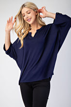 Load image into Gallery viewer, Notched Three-Quarter Sleeve Blouse in Navy
