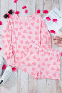 Heart Print Long Sleeve Top and Shorts Lounge Set (2 color options)