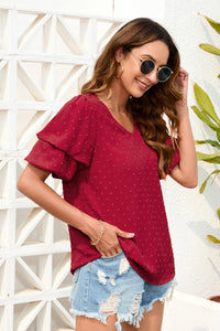 Swiss Dot V-Neck Short Sleeve Blouse  (multiple color options)