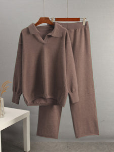 Johnny Collar Long Sleeve Top and Pants Sweater Set (multiple color options)