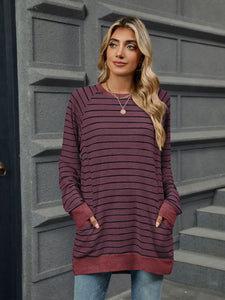 Pocketed Striped Round Neck Long Sleeve T-Shirt (multiple color options)