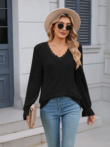 Lace Detail V-Neck Long Sleeve Top (multiple color options)