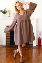 Load image into Gallery viewer, Beautiful You Woven Waffle V Neck Babydoll Dress in Mocha
