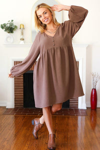 Beautiful You Woven Waffle V Neck Babydoll Dress in Mocha