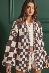 Checkered Open Front Long Sleeve Cardigan (multiple color options)