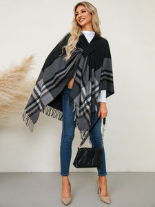 Fringe Contrast Plaid Poncho (multiple color options)