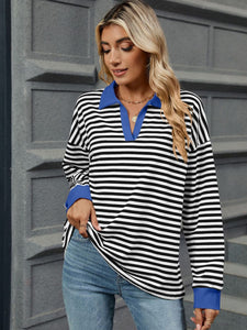 Striped Johnny Collar Long Sleeve Sweatshirt (multiple color options)