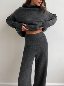 Slit Turtleneck Long Sleeve Top and Pants Sweater Set (multiple color options)