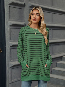 Pocketed Striped Round Neck Long Sleeve T-Shirt (multiple color options)