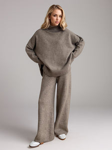 Slit Turtleneck Long Sleeve Top and Pants Sweater Set (multiple color options)