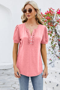 Frill Notched Short Sleeve Blouse (multiple color options)