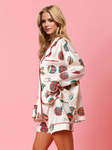 Printed Collared Neck Long Sleeve Top and Shorts Pajama Set (multiple color options)