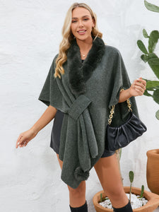 Fuzzy Trim Open Front Poncho (multiple color options)