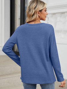 Waffle-Knit Notched Long Sleeve Top (multiple color options)