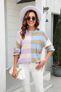 Round Neck Long Sleeve Color Block Dropped Shoulder Sweater (multiple color options)