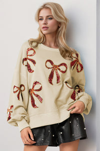 Christmas Bow Sequin Round Neck Dropped Shoulder Sweatshirt (multiple color options)