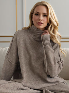 Slit Turtleneck Long Sleeve Top and Pants Sweater Set (multiple color options)