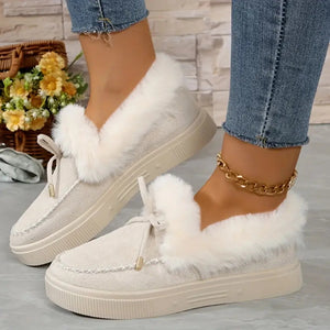 Bow Furry Round Toe Flat Slip-Ons (multiple color options)