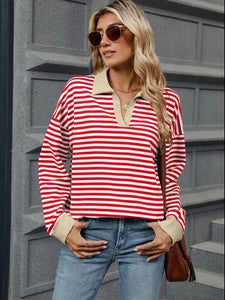 Striped Johnny Collar Long Sleeve Sweatshirt (multiple color options)