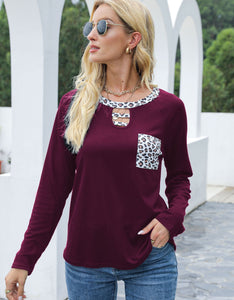 Cutout Leopard Round Neck Long Sleeve T-Shirt (multiple color options)