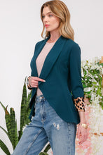 Load image into Gallery viewer, Rolled Leopard Cuff Open Front Blazer in Hunter Green
