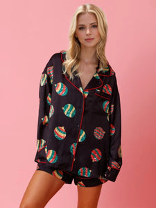 Printed Collared Neck Long Sleeve Top and Shorts Pajama Set (multiple color options)