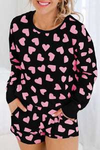 Heart Print Long Sleeve Top and Shorts Lounge Set (2 color options)