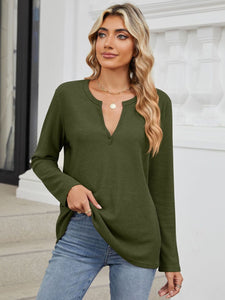 Waffle-Knit Notched Long Sleeve Top (multiple color options)