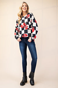 Checkered Bow Print Round Neck Top