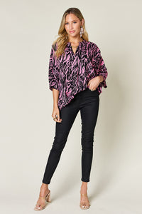 Printed Notched Three-Quarter Sleeve Blouse