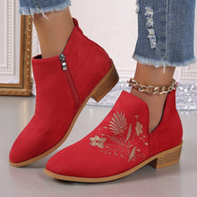 Load image into Gallery viewer, Embroidered Suede Point Toe Block Heel Boots (multiple color options)
