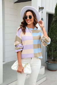 Round Neck Long Sleeve Color Block Dropped Shoulder Sweater (multiple color options)