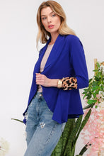 Load image into Gallery viewer, Rolled Leopard Cuff Open Front Blazer in Royal Blue
