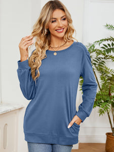 Ruched Shoulder Round Neck Long Sleeve Sweatshirt (multiple color options)