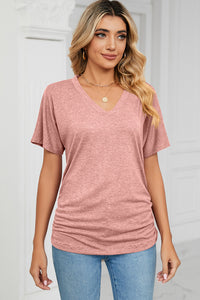 Ruched V-Neck Short Sleeve T-Shirt (multiple color options)