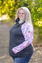 Load image into Gallery viewer, Zoey ZipCowl Top - Charcoal and Fall Floral Leaves
