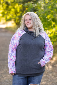 Zoey ZipCowl Top - Charcoal and Fall Floral Leaves