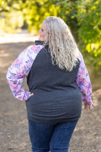 Load image into Gallery viewer, Zoey ZipCowl Top - Charcoal and Fall Floral Leaves
