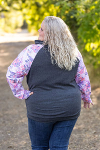 Zoey ZipCowl Top - Charcoal and Fall Floral Leaves