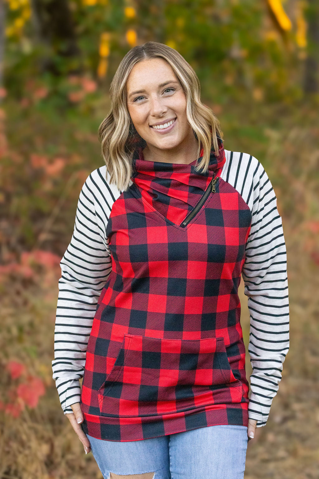 Zoey ZipCowl - Buffalo Plaid and Oatmeal Stripes