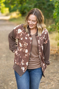 Ramona Ribbed Floral Zip Up Top - Brown