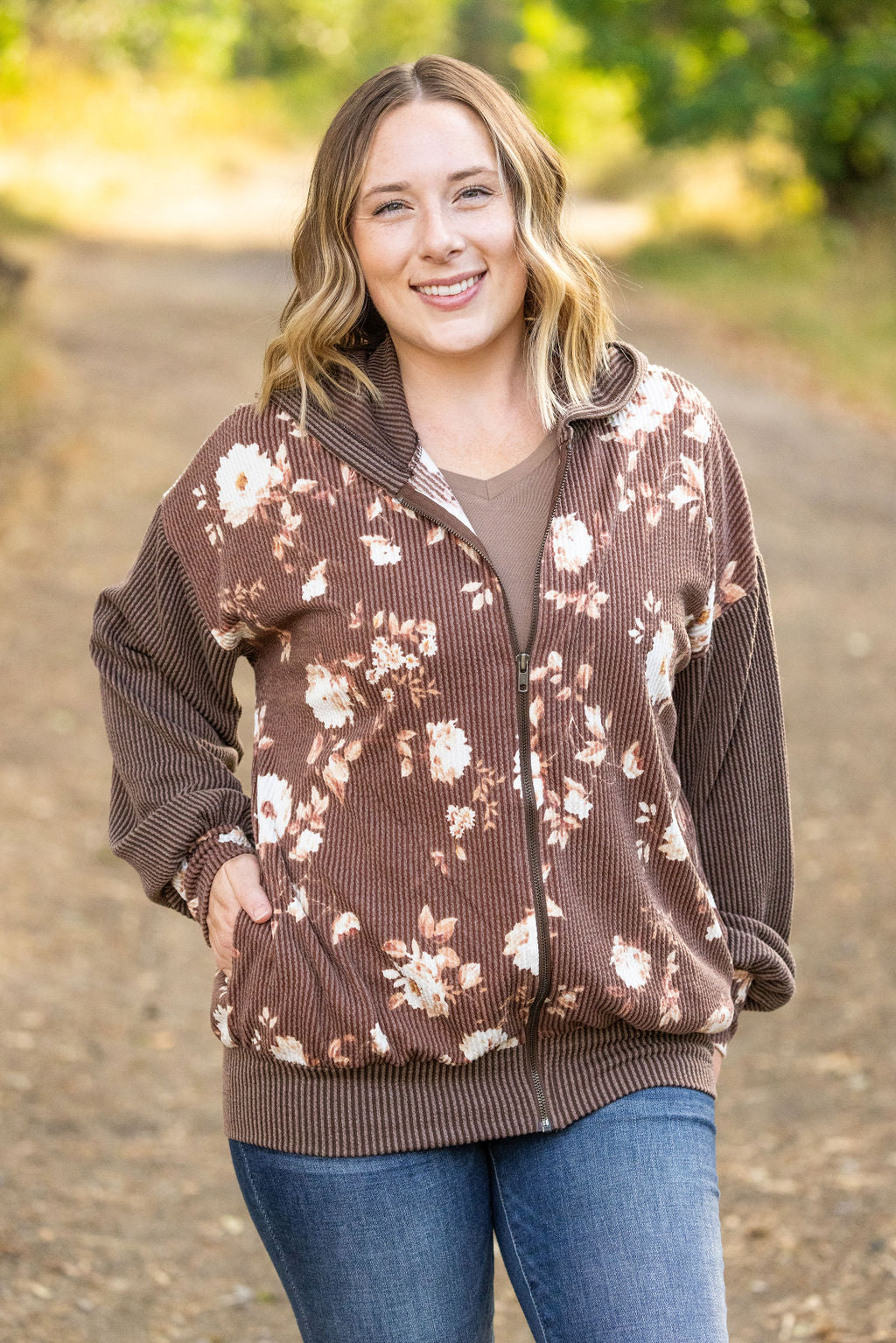 Ramona Ribbed Floral Zip Up Top - Brown