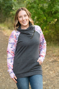 Zoey ZipCowl Top - Charcoal and Fall Floral Leaves