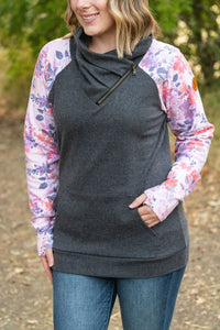 Zoey ZipCowl Top - Charcoal and Fall Floral Leaves