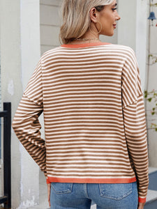 Striped Contrast Round Neck Long Sleeve Sweater (multiple color options)