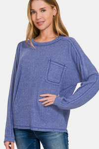 Contrast Stitching Brushed Ribbed Hacci Knit Top in Blue Purple