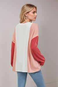 Texture Contrast Round Neck Long Sleeve Top (multiple color options)